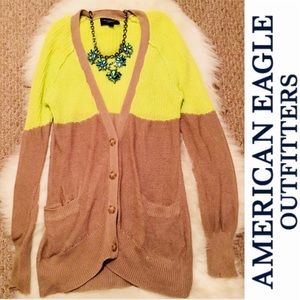Cozy American Eagle Tan & Neon Yellow Cardigan - S
